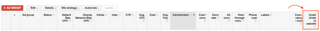 Adwords metric with Gmail clicks to website section highlighted.