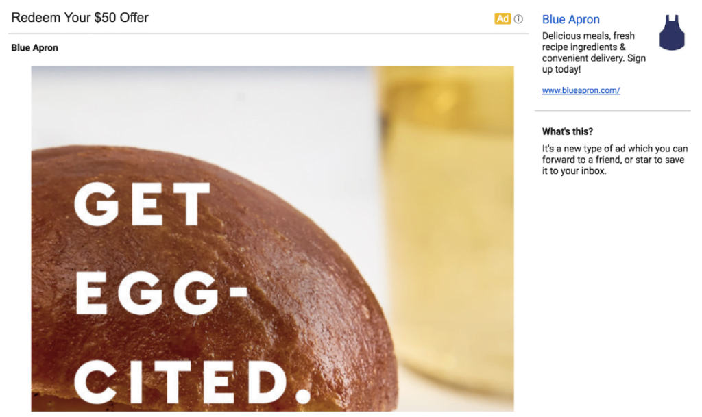 Gmail ad for Blue Apron with a promise of a discount.