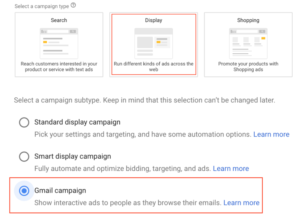Display ad option and Gmail campaign selected on Adwords. 