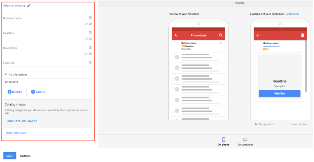 A form to fill out to create a Gmail ad on Adwords.