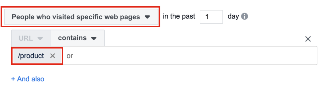 Targeting URL that contains "product" in Facebook Business Manager.