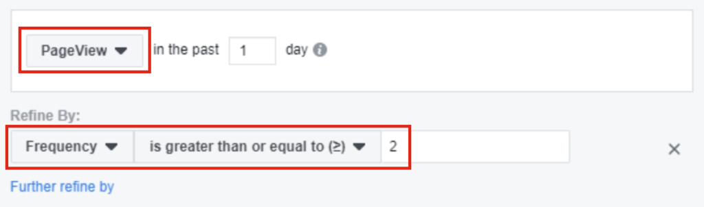 Selecting audience targeting on Facebook Business Manager based on page view for users that have visited 2 or more times.
