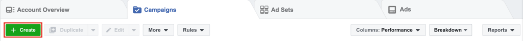 Selecting the Create button from Facebook Business Manager to create a new campaign.