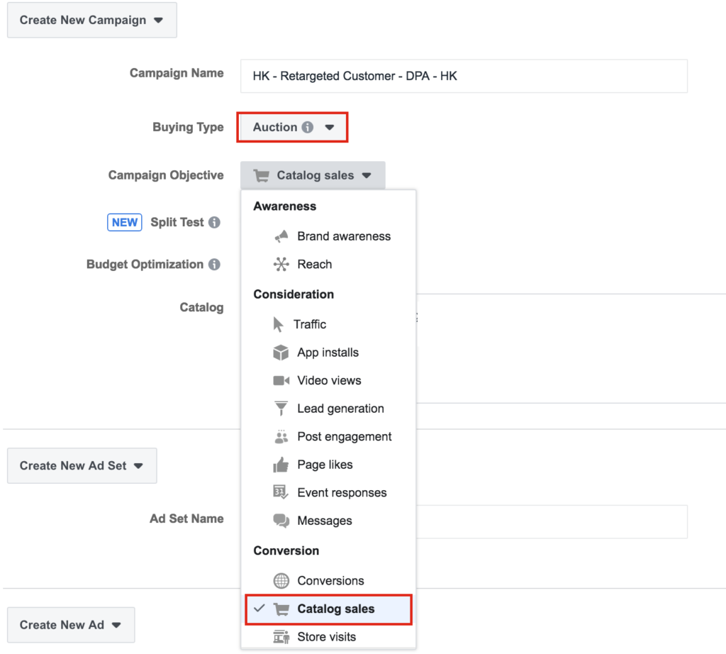 Selecting the option "Catalog sales" for the campaign objective on Facebook Business Manager.
