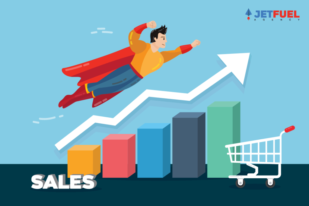A cape wearing super hero flying upwards over a sales related bar graph trending upwards.