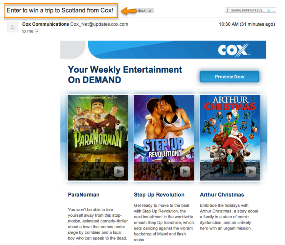 An example of a bad ad copy with Cox offering to win a trip to Scotland.