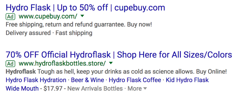 2 examples of Hydroflask Google search ad.