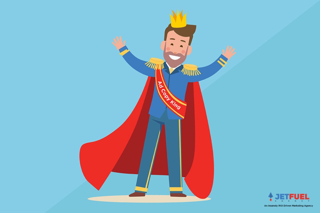 A person wearing a crown with a sash that reads "Ad copy king".