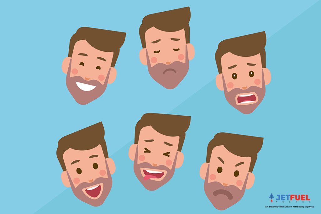 A person's face with multiple expressions such as happy, angry, and worried.