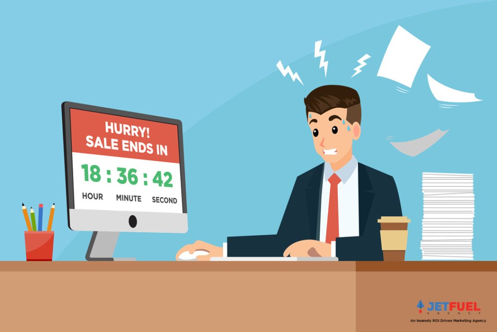 A businessman that is worried because he saw a countdown timer for a sale that is about to end.