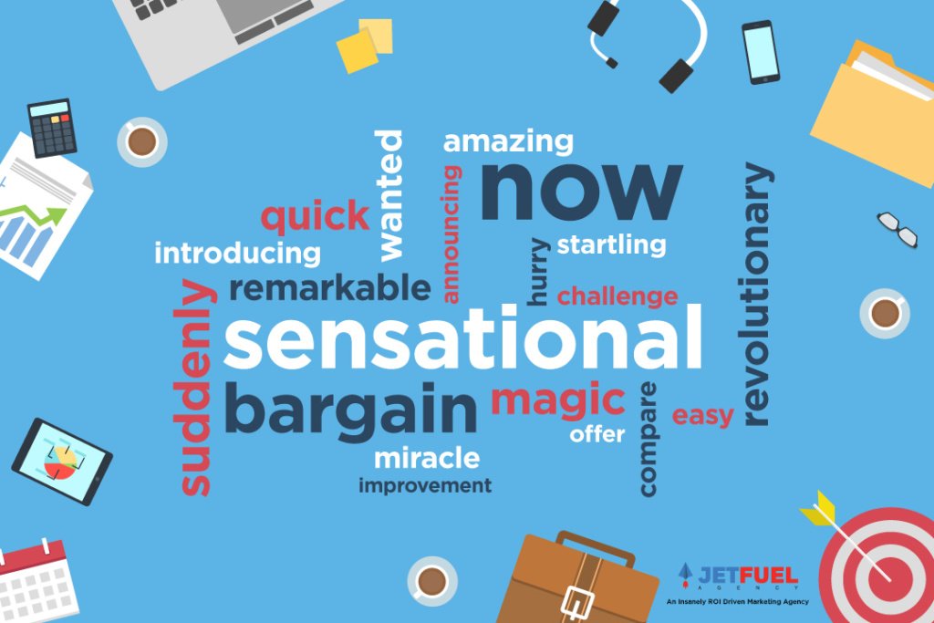 Office supplies that surrounds a group of emotionally appealing words like sensational, now, and miracle.