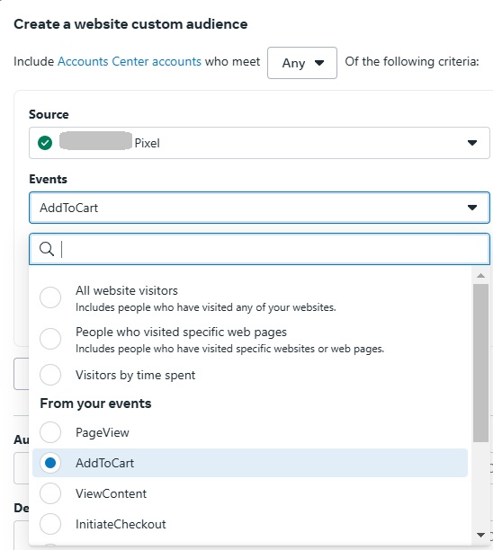 Creating Add to Cart audience in Facebook Ads