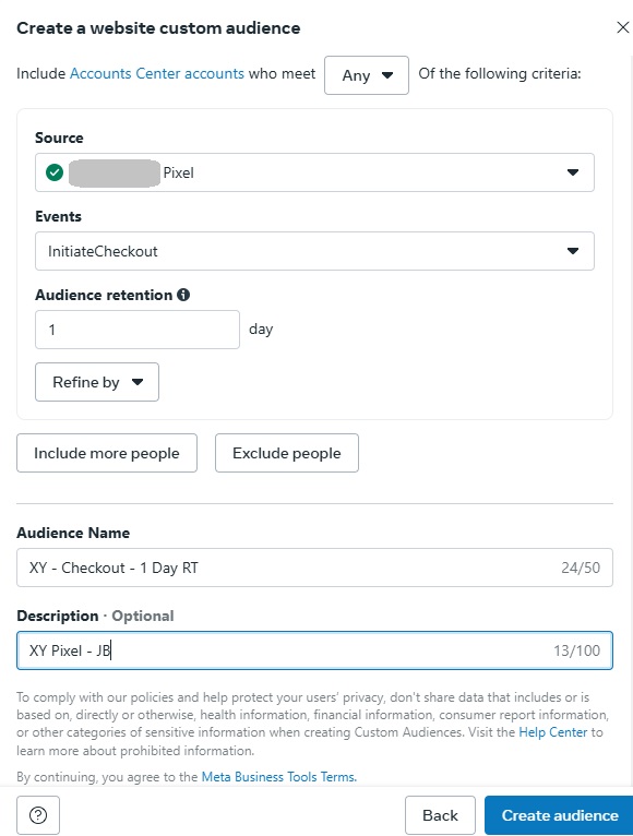 Creating Initiate Checkout audience in Facebook Ads