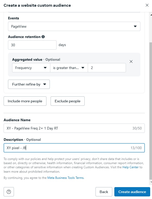 Creating Pageview frequency +2 audience in Facebook Ads