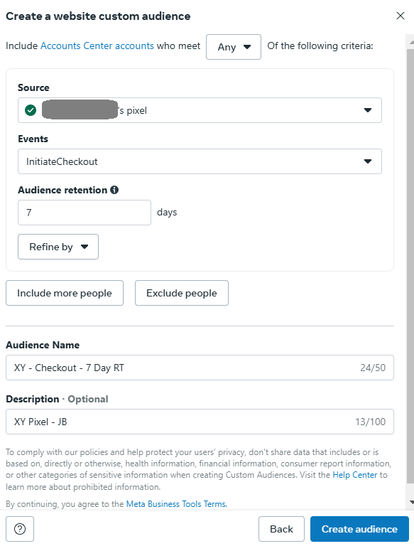 facebook ads create initiate checkout audience