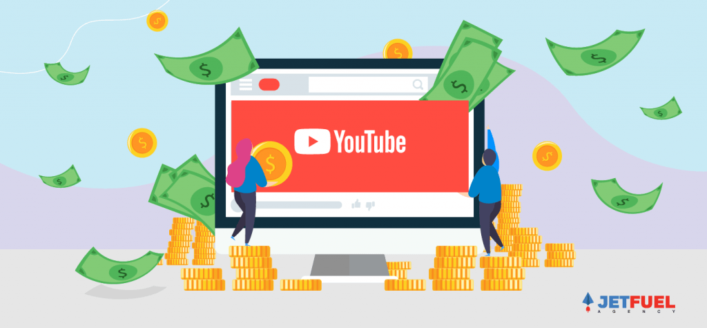 Money shooting out of a computer screen with the YouTube logo displayed.  