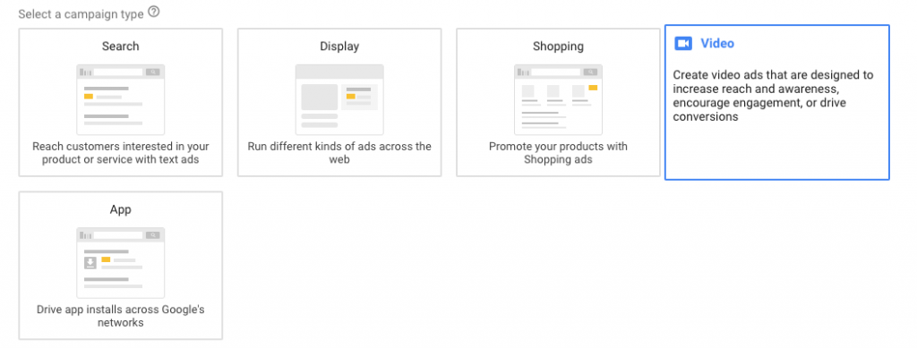 The option of creating video ad being selected on Google Adwords.