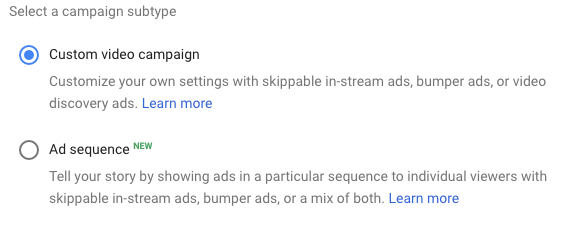 Custom video campaign being selected in the campaign subtype category within Google Adwords.