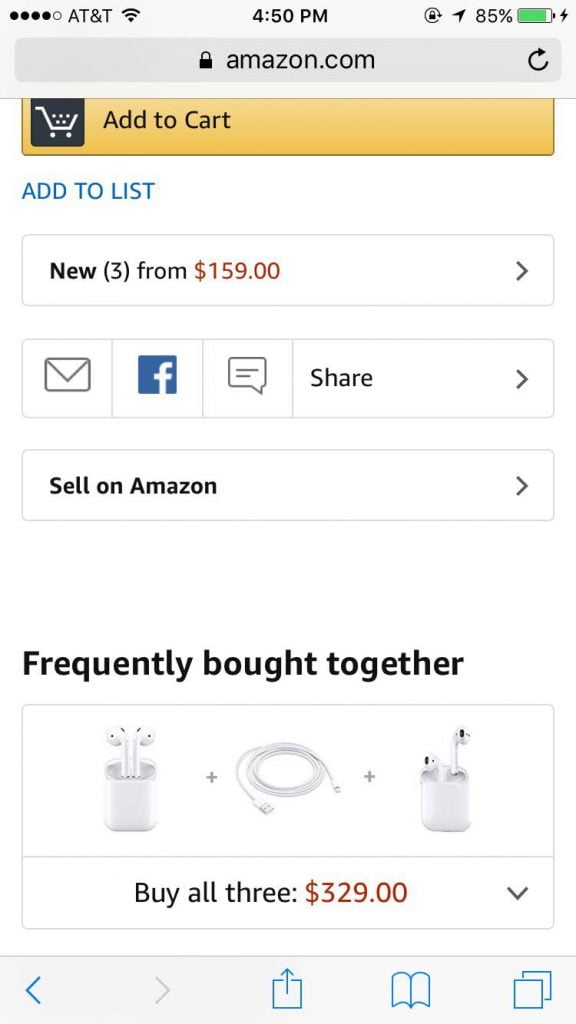 Amazon suggesting other frequently bought together items when the customer is about to checkout.