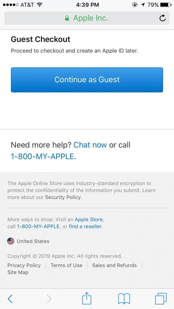 Apple showing the customer that there is a guest checkout option.