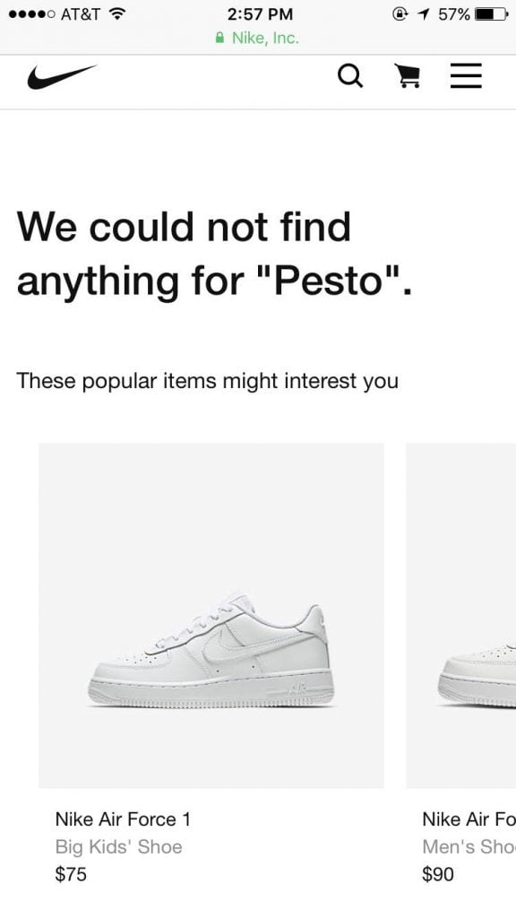 Nike's search bar suggesting alternative options when they could not find pesto in their search.
