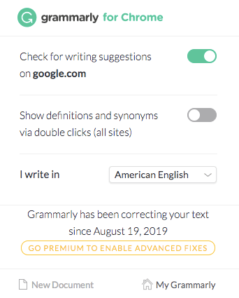 Grammarly's menu options.