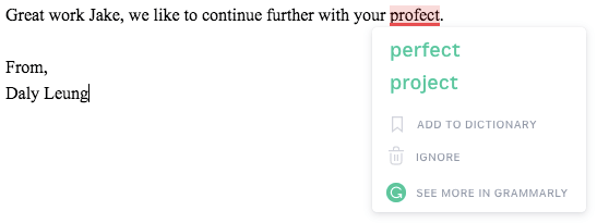 An email being sent with Grammarly chrome extension correcting a spelling mistake.