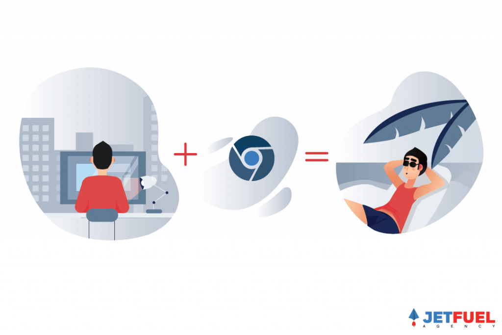 A person feeling relaxed as if they are on a vacation when working because Chrome extension is making their life easier.