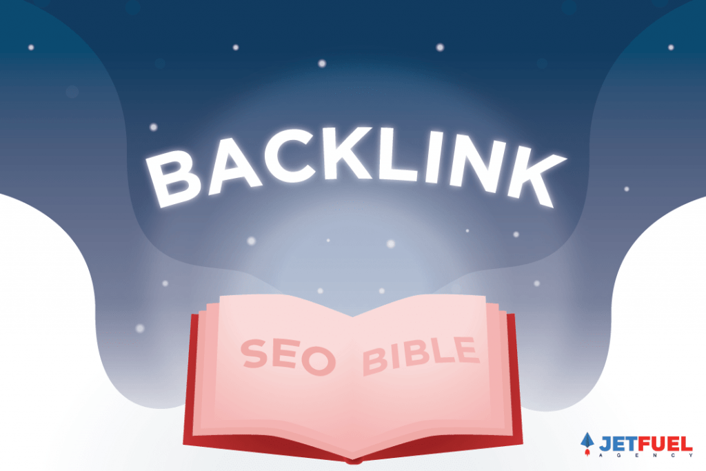 The SEO bible book opening up and revealing backlinks inside.
