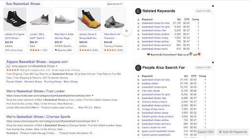 Chrome browser when you type in basketball shoe with the Keywords Everywhere Chrome extension displaying related keywords and what people also search for.