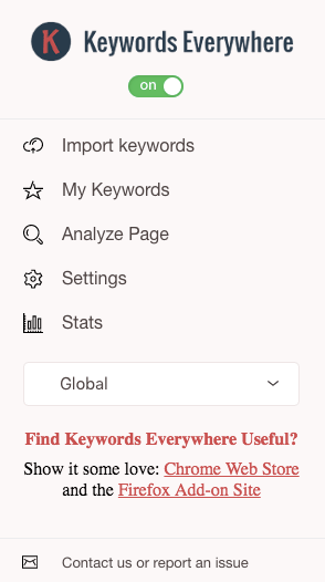 Keywords Everywhere menu option that allows you to import keywords, analyze page, show stats, and access settings.