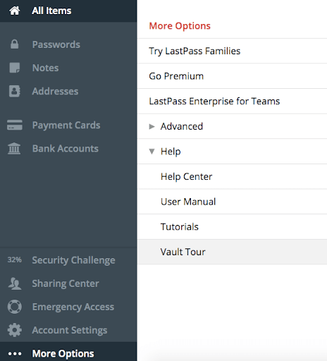 LastPass side menu tool with the option for the user to start their Vault Tour.