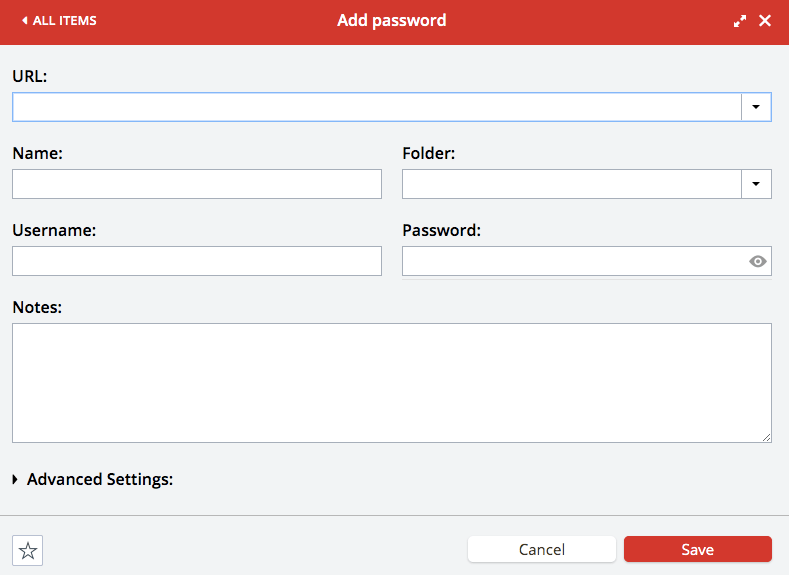 Menu you would fill out to store your password on LastPass.