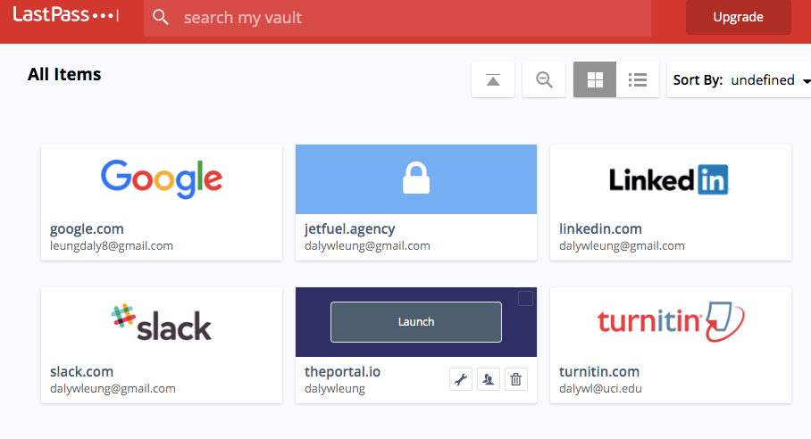 Multiple accounts in a LastPass password vault.