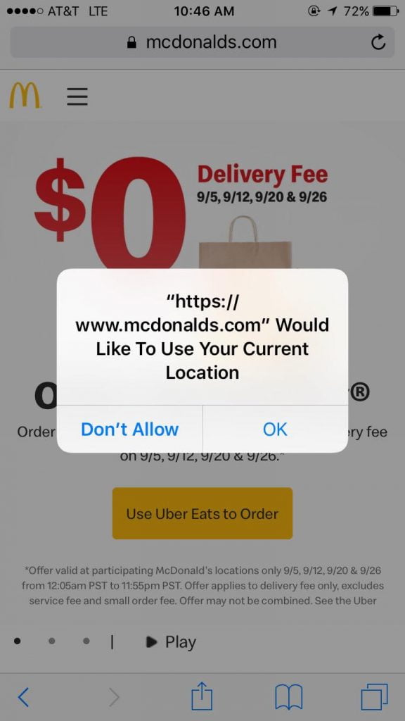 McDonalds website asking the mobile user if they would like to share their current location. 