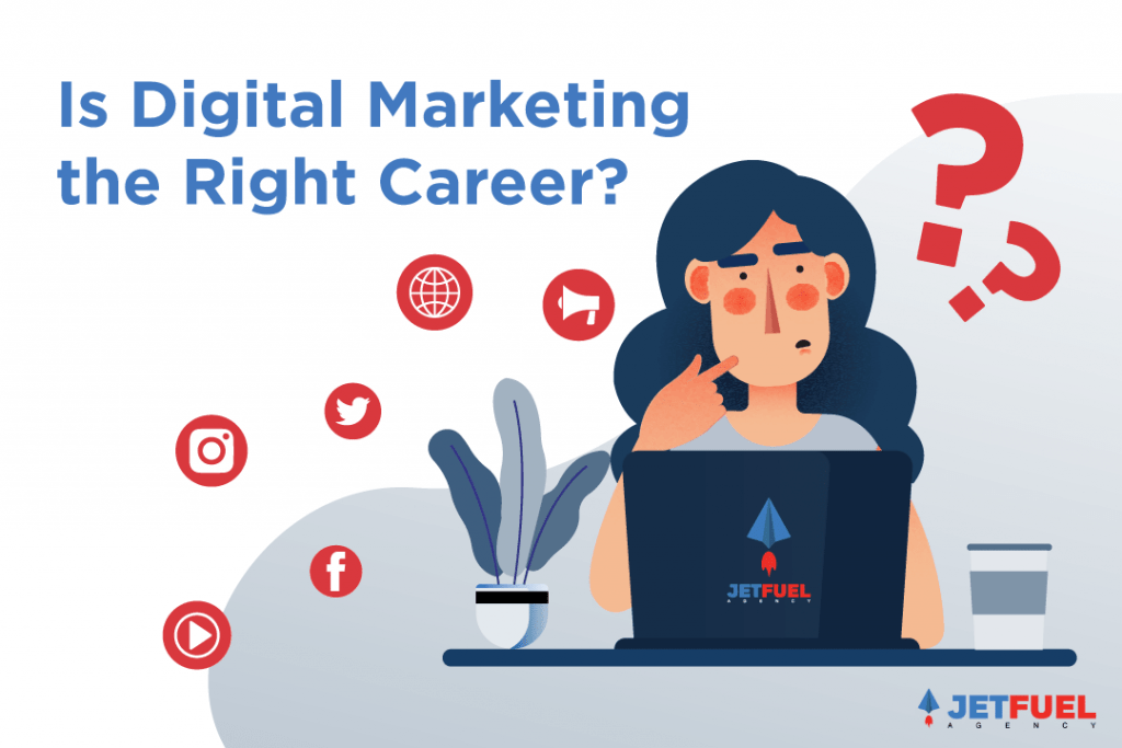 A person in front of their computer thinking if digital marketing is the right career for herself.