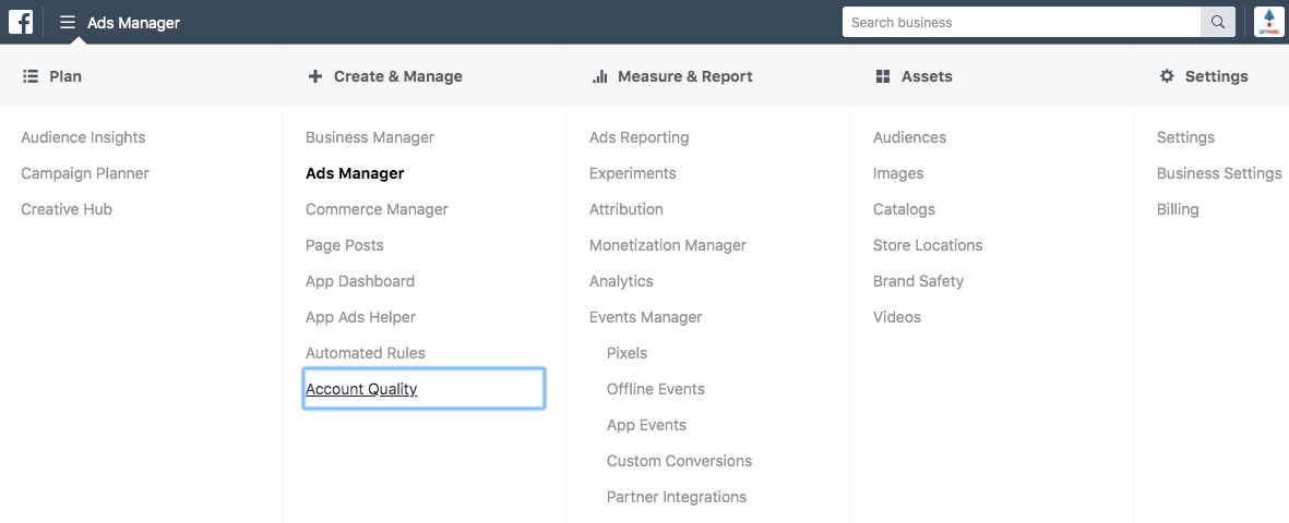 Users can use the 3 horizontal line icon on the top left corner of Facebook Ads Manager in order to access the menu and find the account quality page.