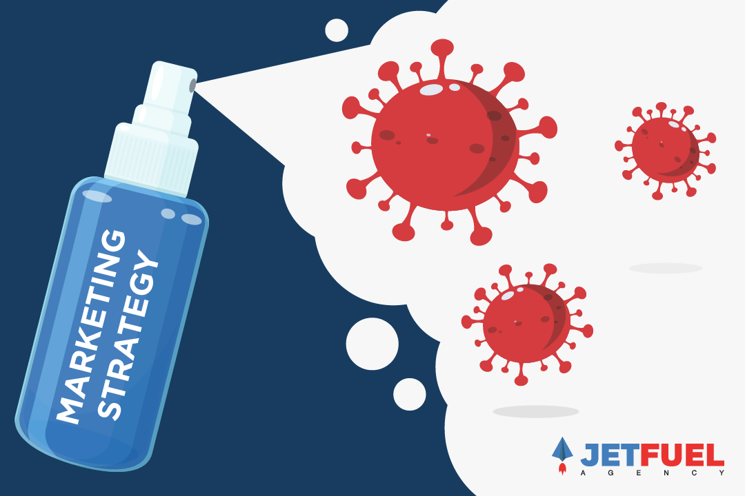 A bottle representing marketing strategy is spraying the coronavirus to get rid of the coronavirus.