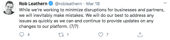 Rob Leathern tweets that Facebook is trying to minimize disruptions for all businesses and promises to provide updates as well as address any issues.