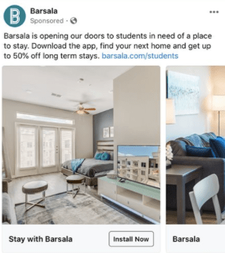 Barsala is advertising that they are providing 50% off to help students find a place to stay while they are forced to move.