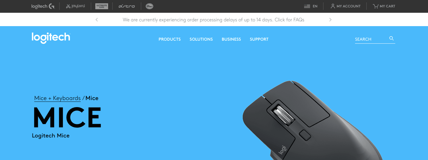 The home page of Logitech is warning its customers that they might experience order processing delay up to 14 days due to coronavirus.