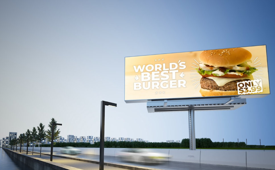 A large outdoor billboard promoting a burger with the text "World's Best Burger" and a price of $3.99, set against a cityscape with blurred cars driving by