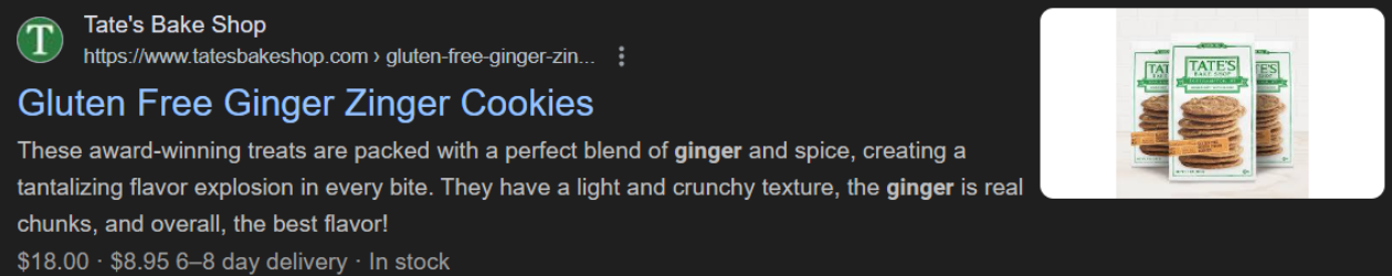 tate's bakeshop ranking for the keyword 'gluten-free ginger cookies' on search results page