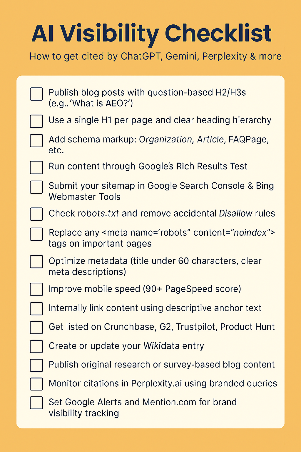 AI visibility checklist infographic showing how to get your brand cited by ChatGPT, Gemini, Perplexity, and other generative AI tools, including tips on schema markup, metadata optimization, mobile speed, and structured content
