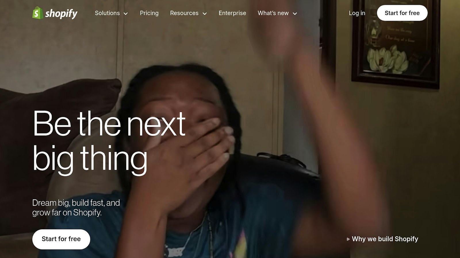 Shopify homepage encouraging entrepreneurs to grow their business online. Shopify homepage with headline “Be the next big thing” featuring a person celebrating in front of a laptop.