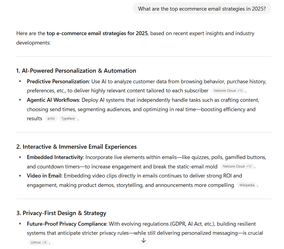 List of top e-commerce email strategies for 2025, including AI-powered personalization, interactive email experiences, and privacy-first design.