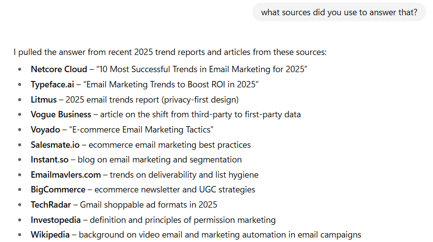 List of sources for 2025 e-commerce email marketing strategies, including Netcore Cloud, Typeface.ai, Litmus, Vogue Business, Voyado, Salesmate.io, Instant.so, Emailmavlers.com, BigCommerce, TechRadar, Investopedia, and Wikipedia.