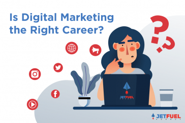 A person in front of their computer thinking if digital marketing is the right career for her.